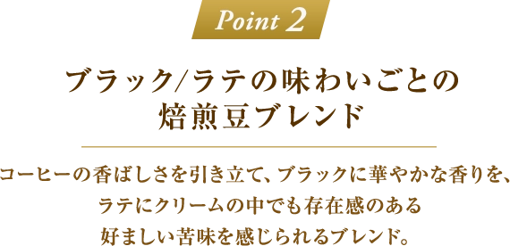 「Point 2：ブラック/ラテの味わいごとの焙煎豆ブレンド」コーヒーの香ばしさを引き立て、ブラックに華やかな香りを、ラテにクリームの中でも存在感のある好ましい苦味を感じられるブレンド。