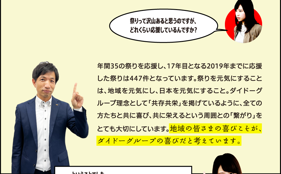 祭りって沢山あると思うのですが、どれくらい応援しているんですか？ 年間35の祭りを応援し、17年目となる2019年までに応援した祭りは447件となっています。祭りを元気にすることは、地域を元気にし、日本を元気にすること。ダイドーグループ理念として「共存共栄」を掲げているように、全ての方たちと共に喜び、共に栄えるという周囲との「繋がり」をとても大切にしています。地域の皆さまの喜びこそが、ダイドーグループの喜びだと考えています。