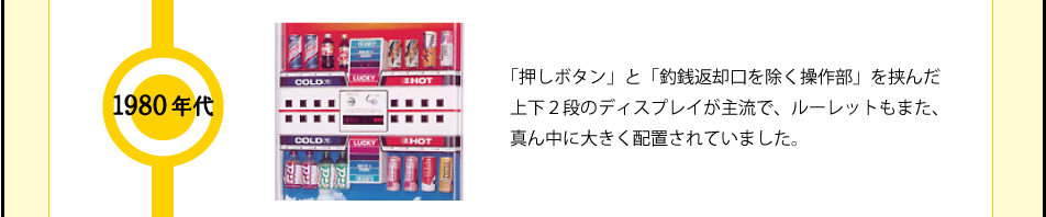 1980年代 「押しボタン」と「釣銭返却口を除く操作部」を挟んだ上下２段のディスプレイが主流で、ルーレットもまた、真ん中に大きく配置されていました。