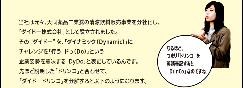 「当社は元々、大同薬品工業㈱の清涼飲料販売事業を分社化し、「ダイドー株式会社」として設立されました。その “ダイドー” を、「ダイナミック（Dynamic）」にチャレンジを「行う=ドゥ（Do）」という企業姿勢を意味する「DyDo」と表記しているんです。先ほど説明した「ドリンコ」と合わせて、「ダイドードリンコ」を分解すると以下のようになります。」「なるほど。つまり「ドリンコ」を英語表記すると「DrinCo」なのですね。」