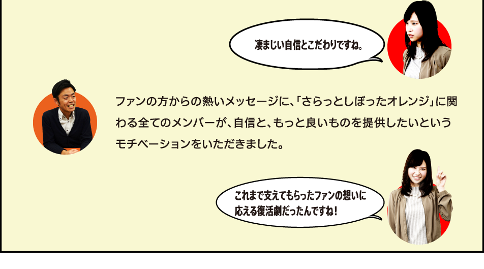 凄まじい自信とこだわりですね。 ファンの方からの熱いメッセージに、「さらっとしぼったオレンジ」に関わる全てのメンバーが、自信と、もっと良いものを提供したいというモチベーションをいただきました。