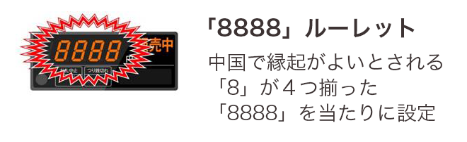 「8888」ルーレット　中国で縁起が良いとされる「8」が4つ揃った「8888」を当たりに設定