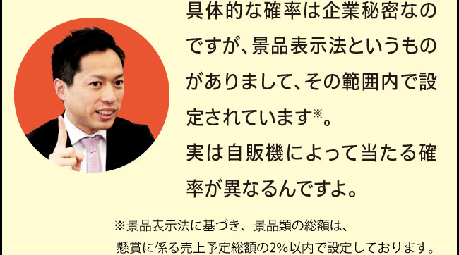 「具体的な確率は企業秘密なのですが、景品表示法というものがありまして、その範囲内で設定されています※。実は自販機によって当たる確率が異なるんですよ。」※景品表示法に基づき、景品類の総額は、懸賞に係る売上予定総額の2％以内で設定しております。