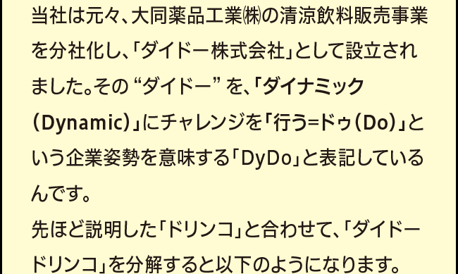 「当社は元々、大同薬品工業㈱の清涼飲料販売事業を分社化し、「ダイドー株式会社」として設立されました。その “ダイドー” を、「ダイナミック（Dynamic）」にチャレンジを「行う=ドゥ（Do）」という企業姿勢を意味する「DyDo」と表記しているんです。先ほど説明した「ドリンコ」と合わせて、「ダイドードリンコ」を分解すると以下のようになります。」