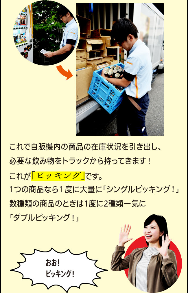 「これで自販機内の商品の在庫状況を引き出し、必要な飲み物をトラックから持ってきます！これが「ピッキング」です。1つの商品なら１度に大量に「シングルピッキング！」数種類の商品のときは1度に2種類一気に「ダブルピッキング！」」「おお！ピッキング！」