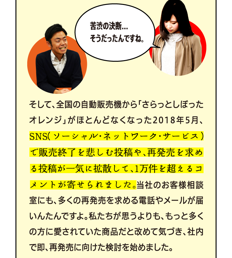 苦渋の決断...そうだったんですね。 そして、全国の自動販売機から「さらっとしぼったオレンジ」がほとんどなくなった2018年5月、SNS（ソーシャル・ネットワーク・サービス）で販売終了を悲しむ投稿や、再発売を求める投稿が一気に拡散して、1万件を超えるコメントが寄せられました。当社のお客様相談室にも、多くの再発売を求める電話やメールが届いんたんですよ。私たちが思うよりも、もっと多くの方に愛されていた商品だと改めて気づき、社内で即、再発売に向けた検討を始めました。