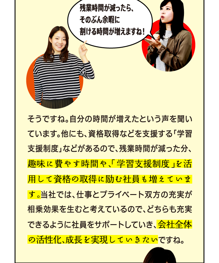 残業時間が減ったら、そのぶん余暇に割ける時間が増えますね！ そうですね。自分の時間が増えたという声を聞いています。他にも、資格取得などを支援する「学習支援制度」などがあるので、残業時間が減った分、趣味に費やす時間や、「学習支援制度」を活用して資格の取得に励む社員も増えています。当社では、仕事とプライベート双方の充実が相乗効果を生むと考えているので、どちらも充実できるように社員をサポートしていき、会社全体の活性化、成長を実現していきたいですね。